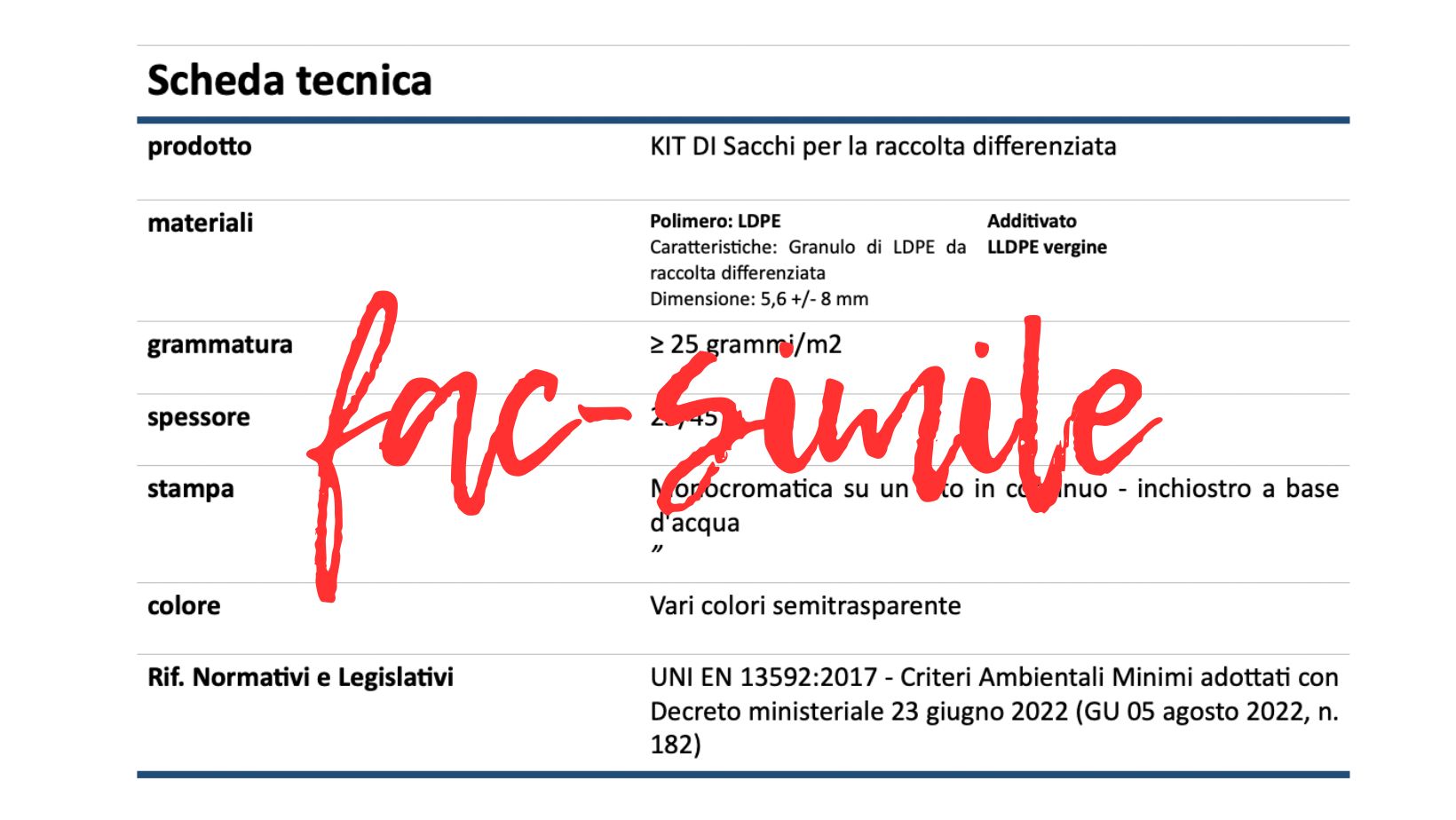 scheda tecnica sacchi facsimile